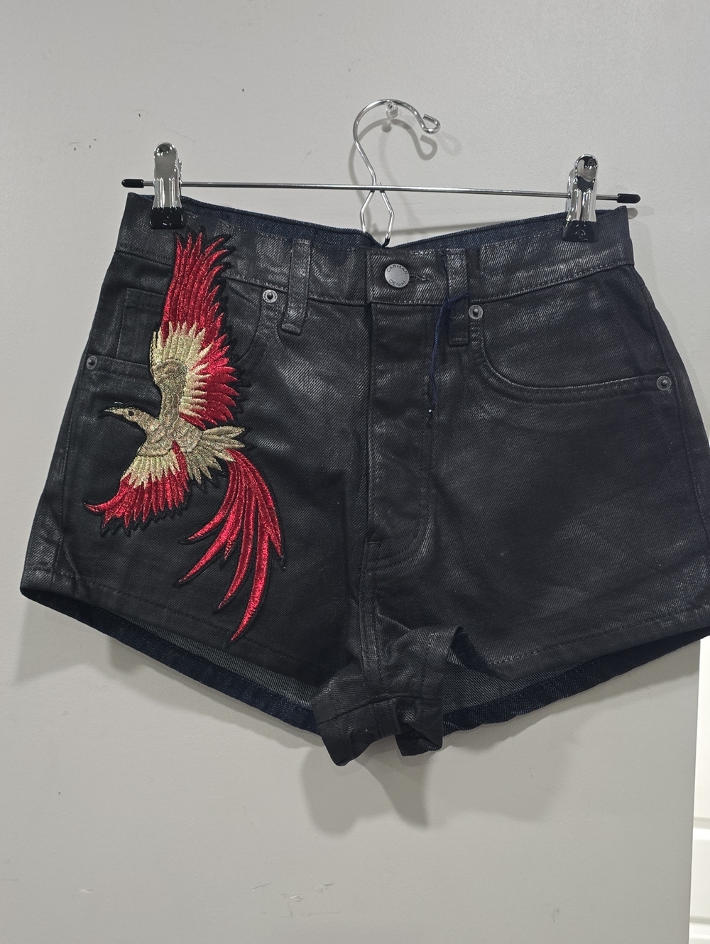 Carmar High Rise -Black Women's Embroidered Phoenix Leather Shorts